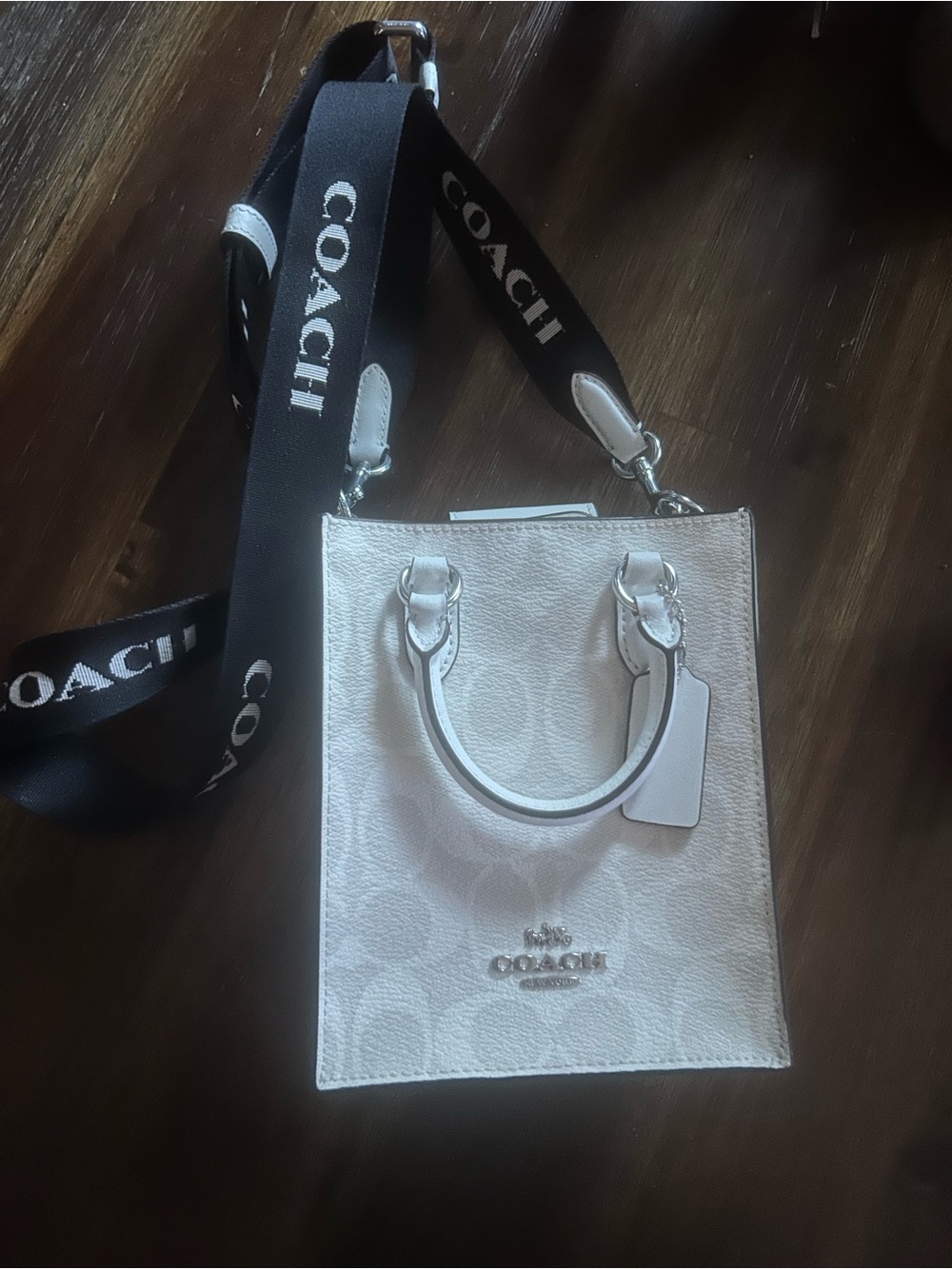 COACH White North south  Mini Signature Crossbody with Black Logo Strap